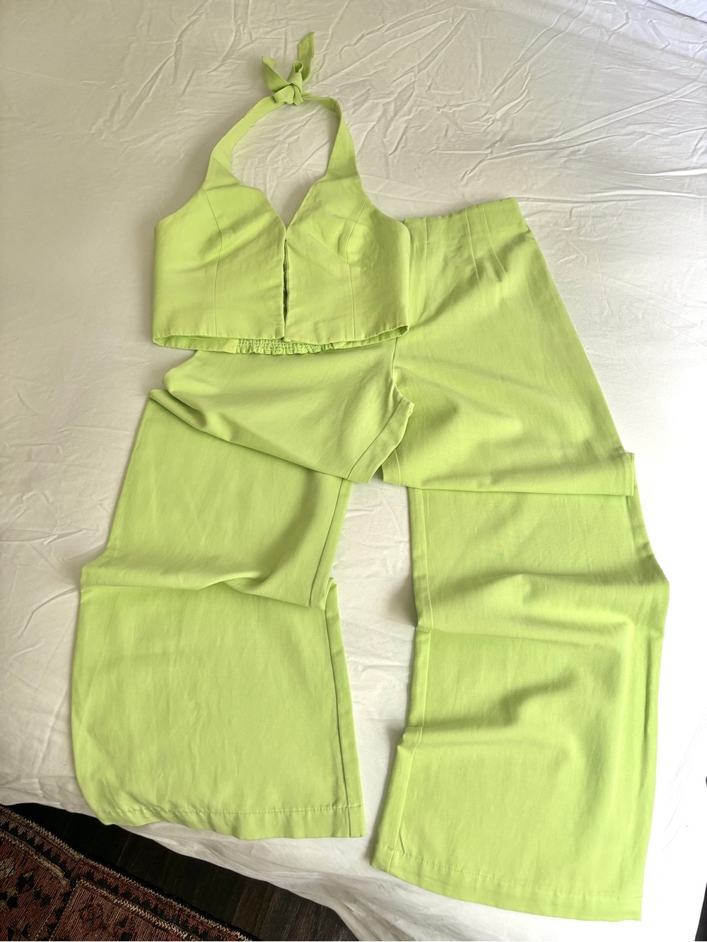Zara Key Lime Green Halter Crop Top & Wide-Leg Pants Set